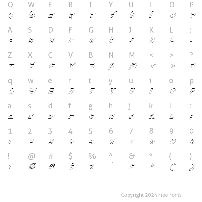 Character Map of FZ UNIQUE 35 HOLLOW ITALIC Normal