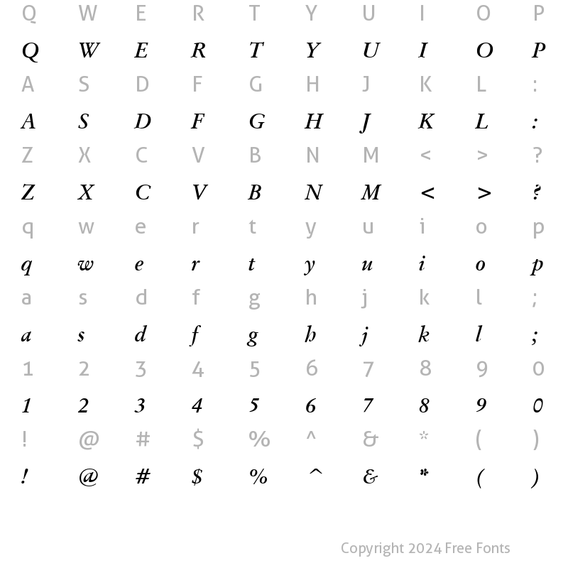 Character Map of Garamand Classic Bold Italic