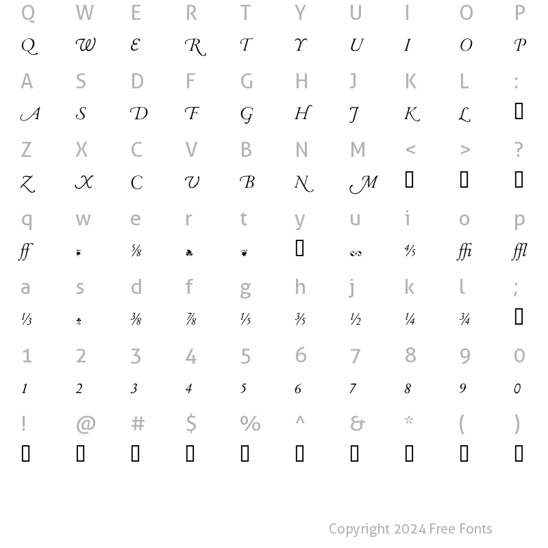 Character Map of Garamand Classic Book Extras Italic