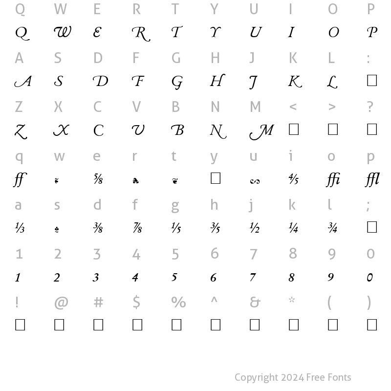 Character Map of Garamand Classic Extras Bold Italic