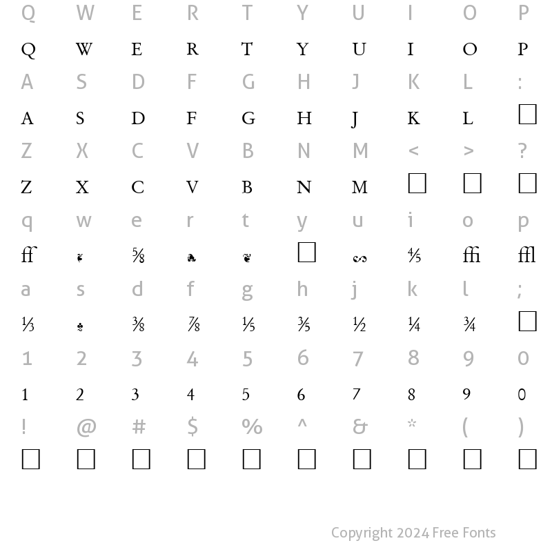 Character Map of Garamand Classic Extras Book Regular