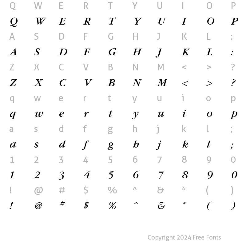 Character Map of Garamond Book Italic