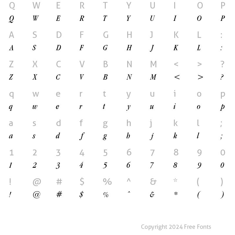 Character Map of Garamond cond Light-Italic