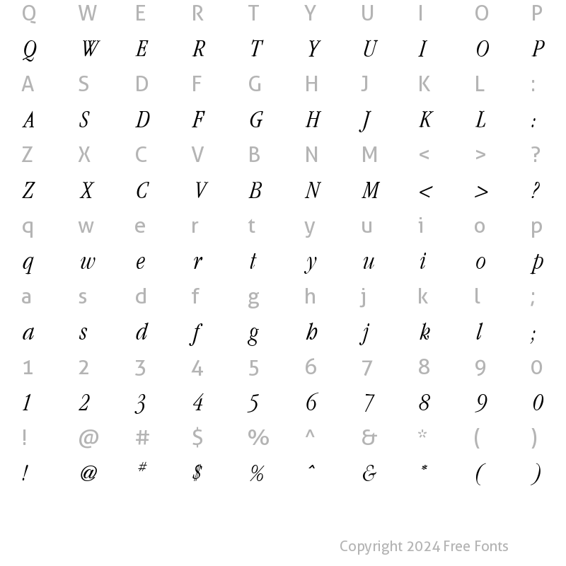 Character Map of Garamond Condensed Light Italic