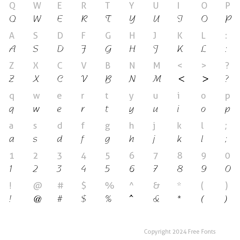 Character Map of GE Sentinel Script Light