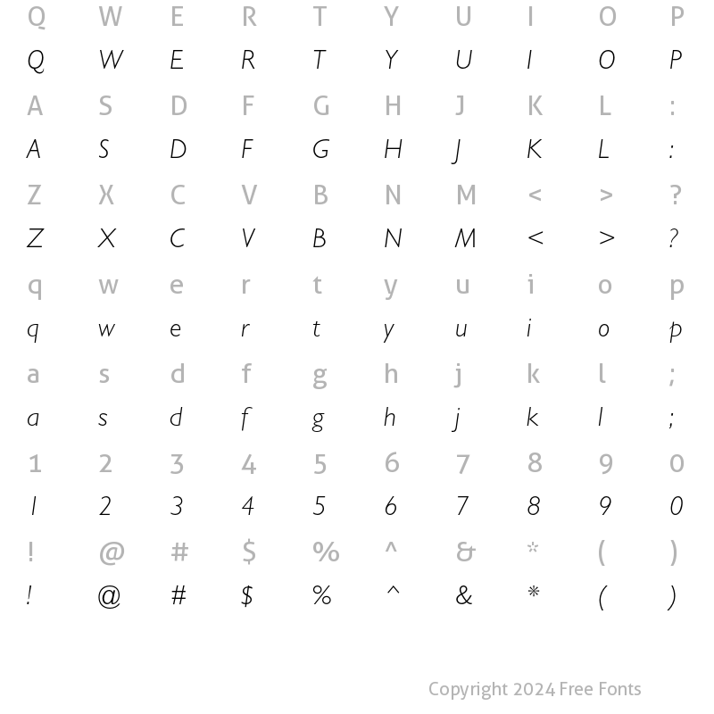 Character Map of Gill Sans Light Italic
