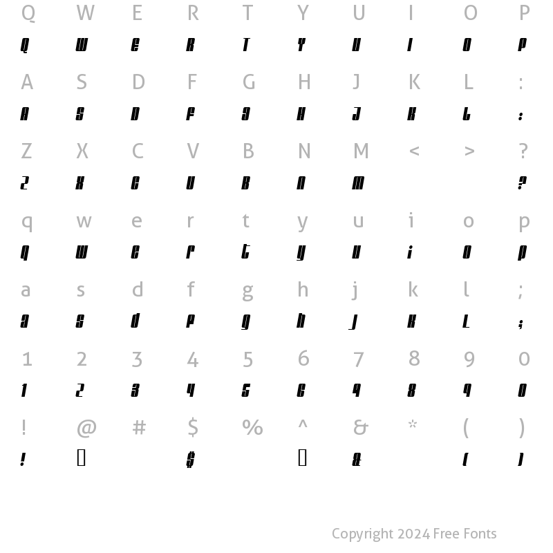 Character Map of Glare Italic