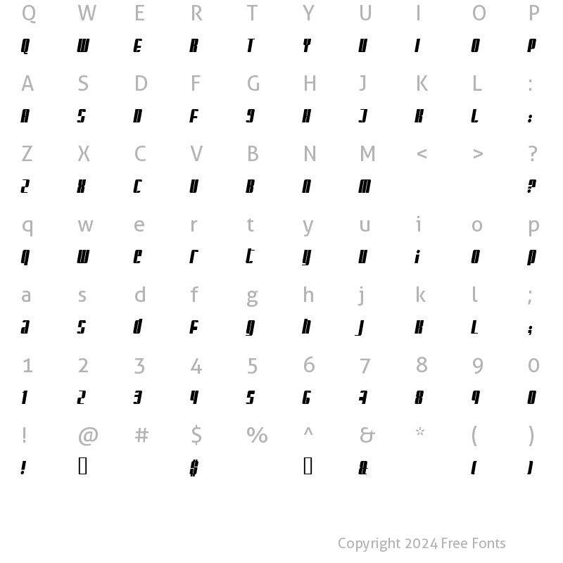 Character Map of Glaring Italic