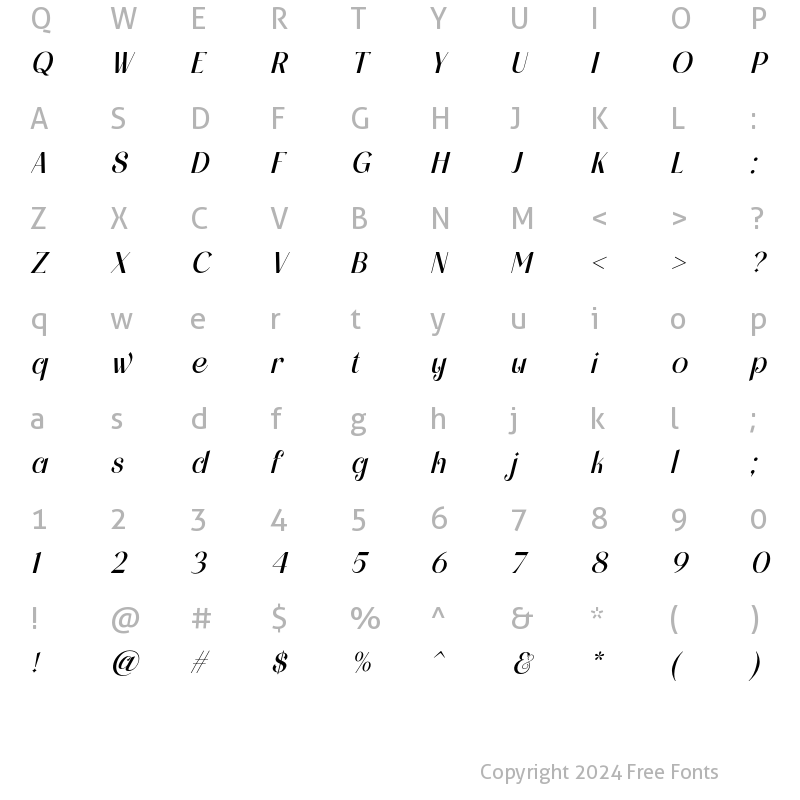 Character Map of Glenite Elegante Italic Regular