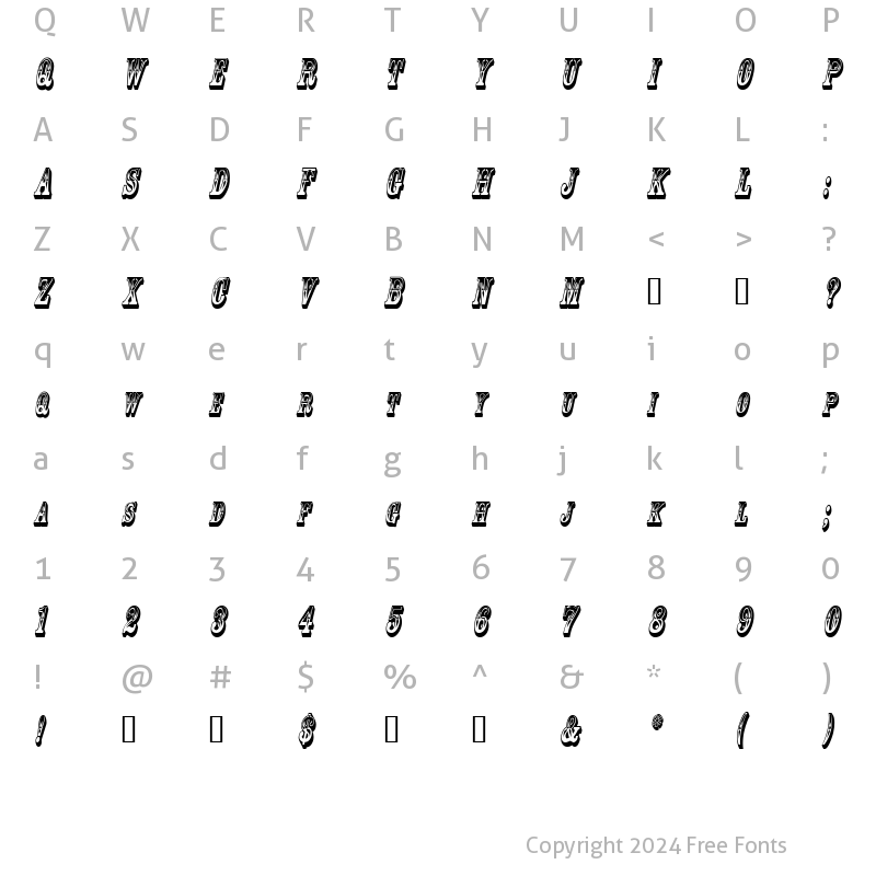 Character Map of GoldRushCondensed Italic