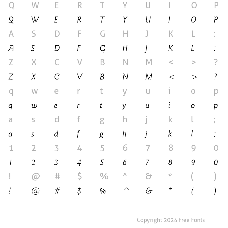 Character Map of GoudySans Lt BT Light Italic