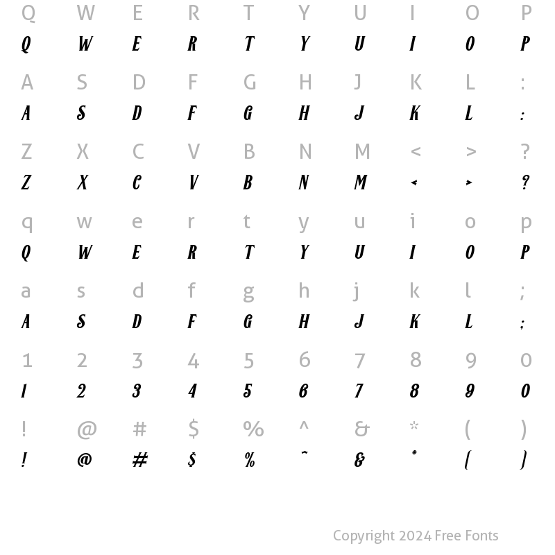 Character Map of Greenore Italic Regular