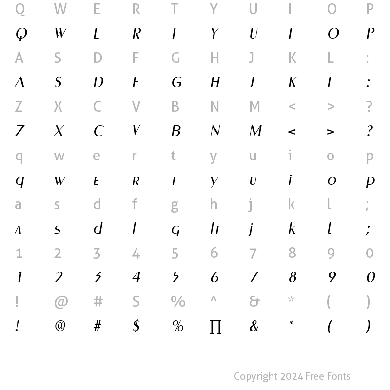 Character Map of Greyhound RegularItalic