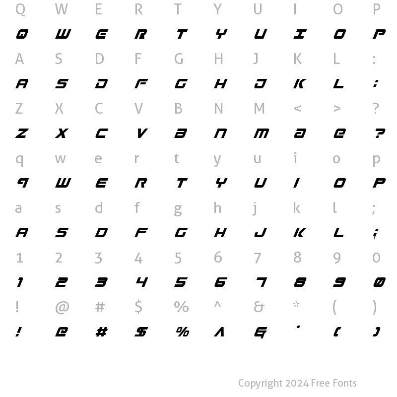 Character Map of Gunship Condensed Ital Condensed Ital