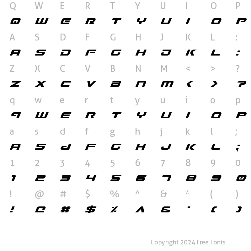 Character Map of Gunship Italic Italic