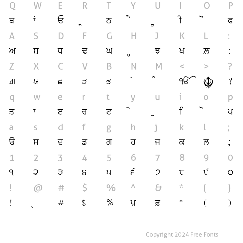 Character Map of GurbaniLipiLight Regular