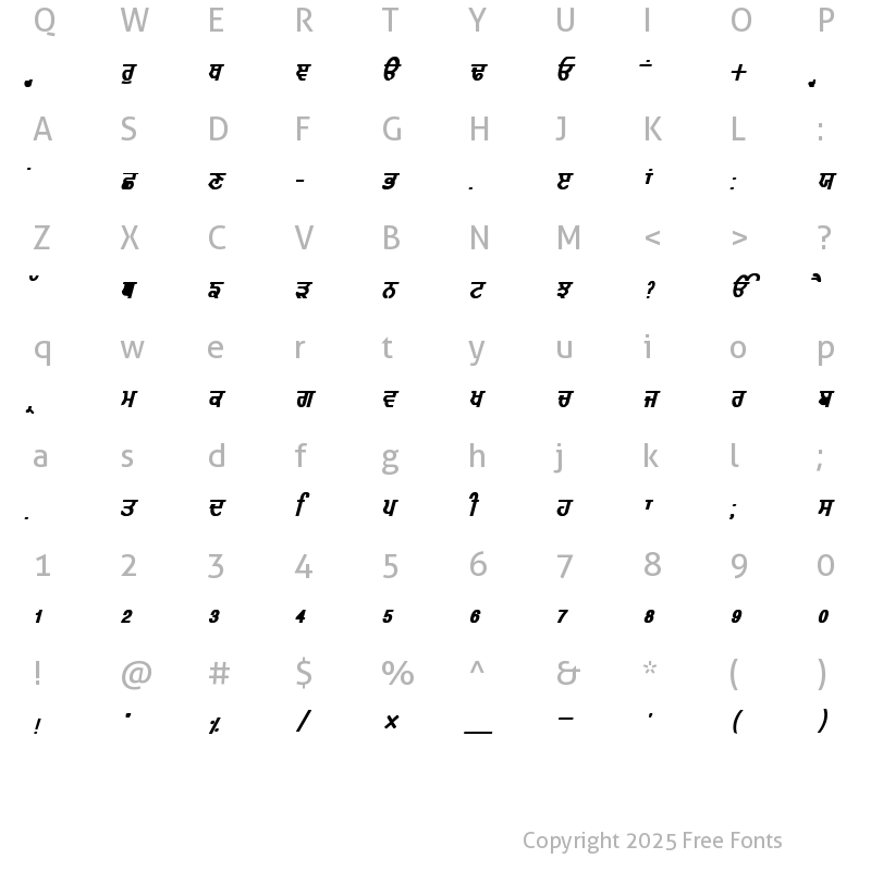 Character Map of GurmukhiLys 010 Bold Italic