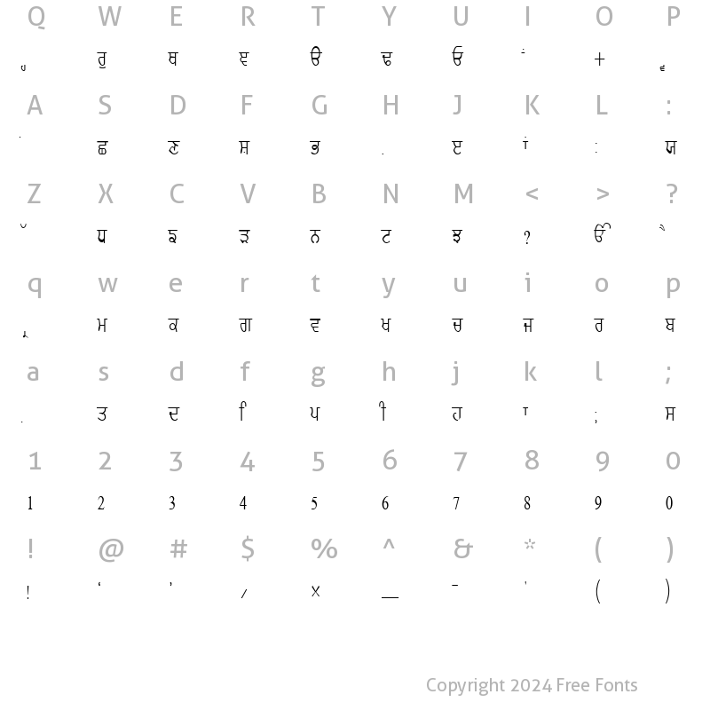 Character Map of GurmukhiLys 020 Condensed Normal