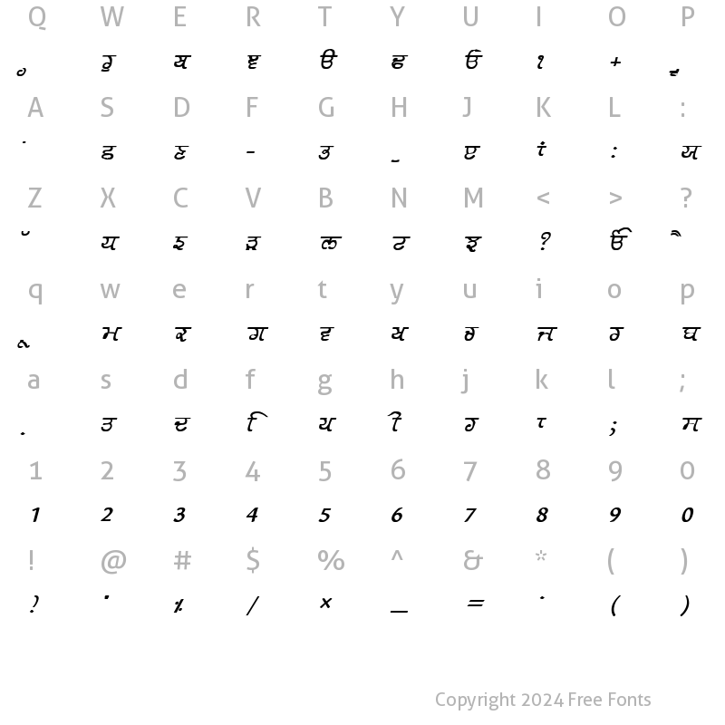 Character Map of GurmukhiLys 030 Bold Italic