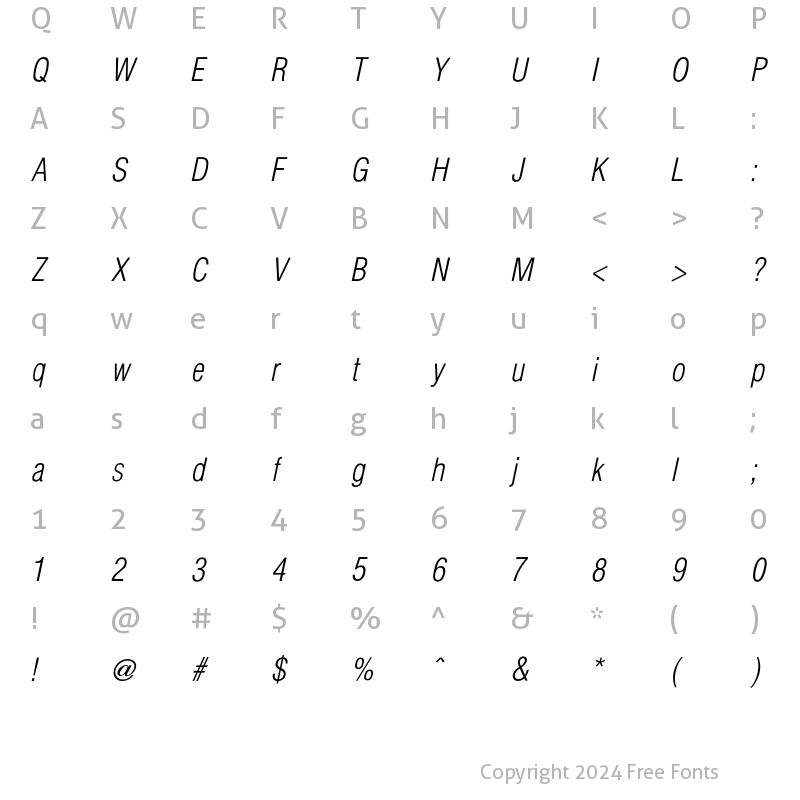 Character Map of Hallmarke CondLight Oblique