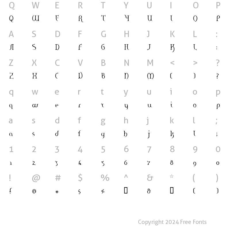 Character Map of Hane RegularE