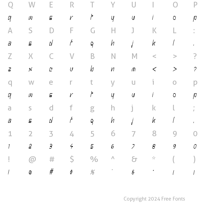 Character Map of Hanger Condensed Italic