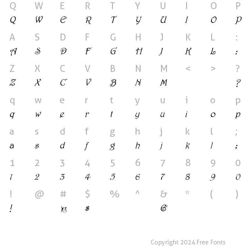 Character Map of Harrington Italic Italic