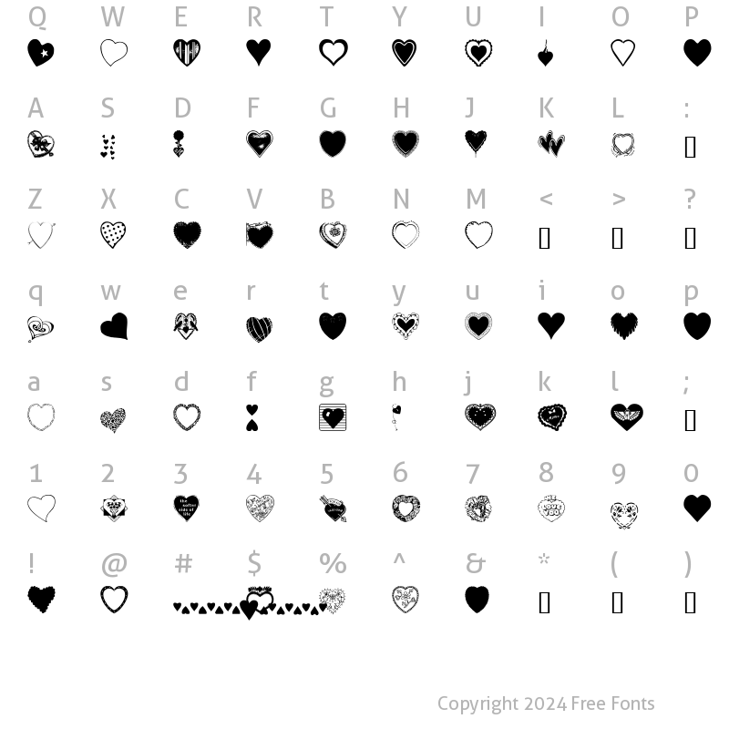 Character Map of Hearts Galore Regular