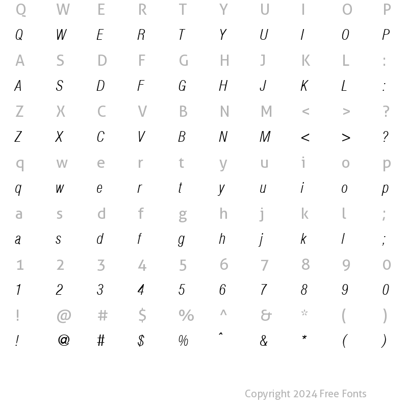 Character Map of HegelCondExtraLight RegularItalic