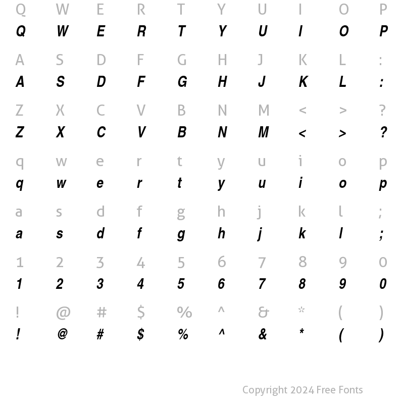 Character Map of Helvetica Bold Narrow Oblique