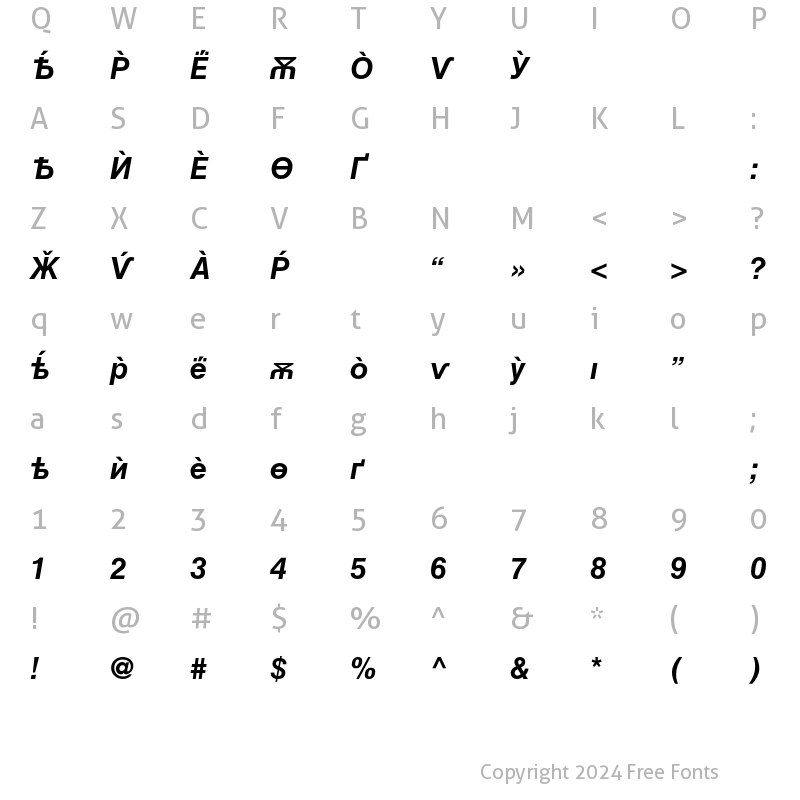 Character Map of Helvetica Cyrillic A Bold Inclined