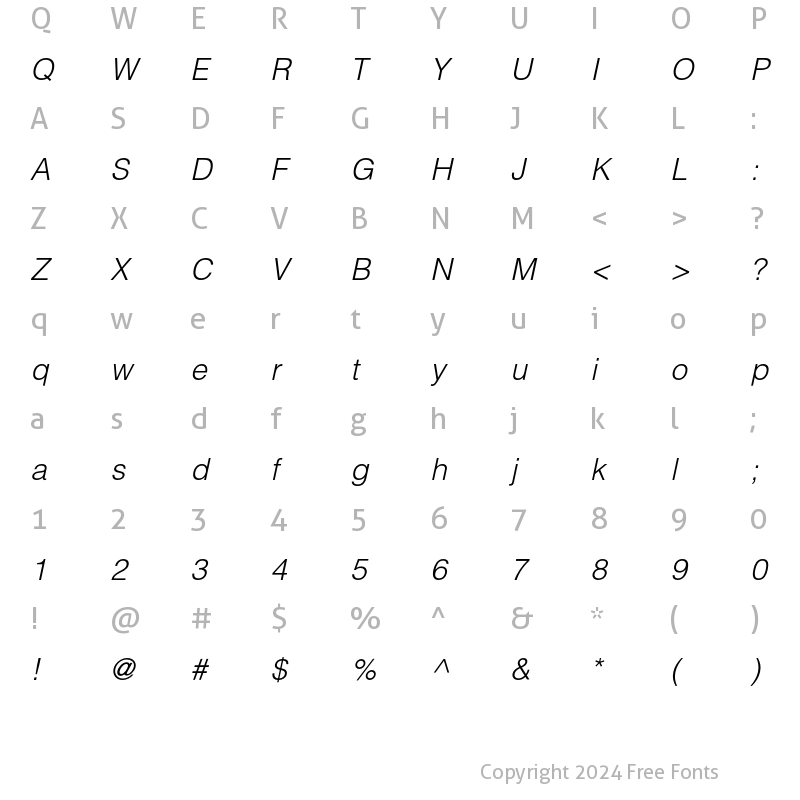 Character Map of Helvetica Light Oblique