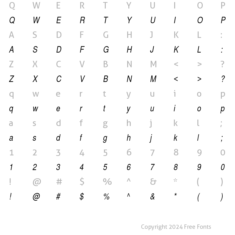Character Map of Helvetica Narrow Italic