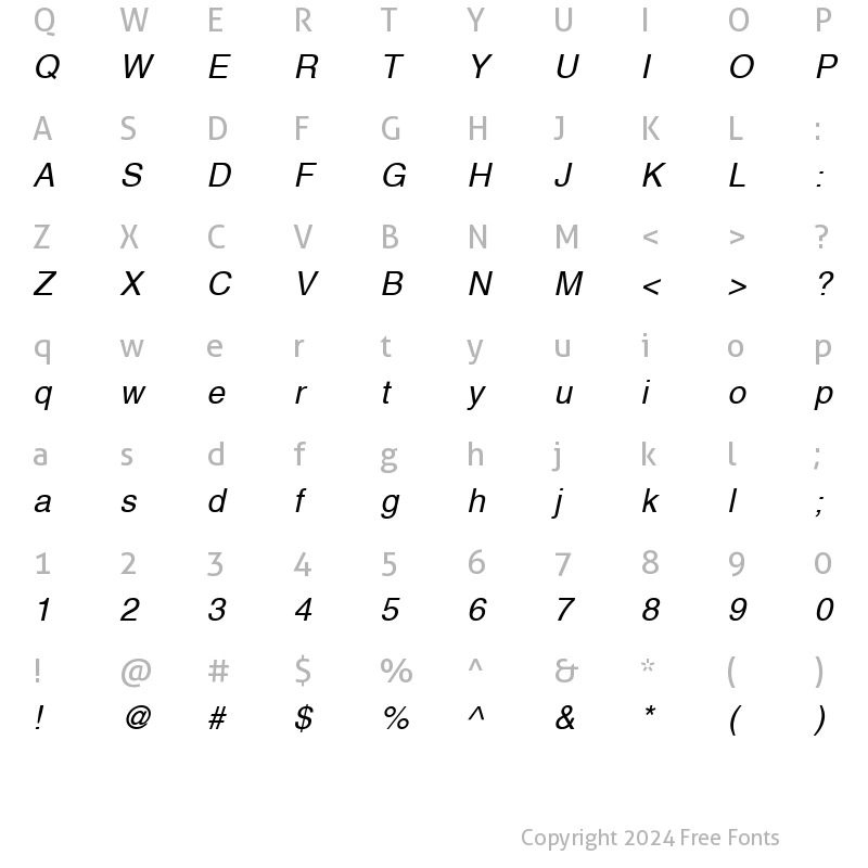 Character Map of Helvetica-Narrow RomanItalic