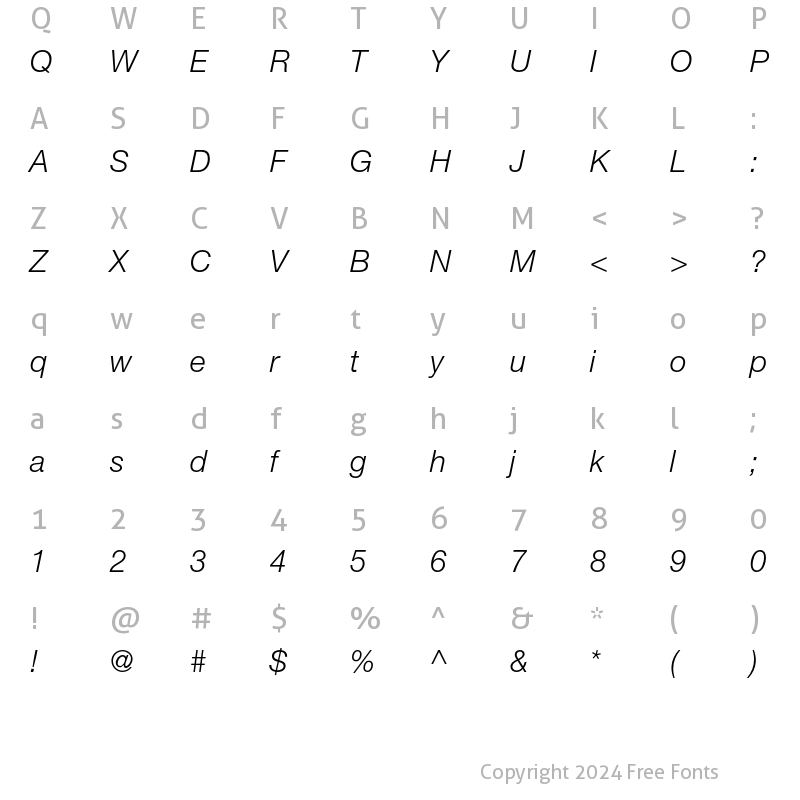 Character Map of Helvetica Neue LT Pro 46 Light Italic