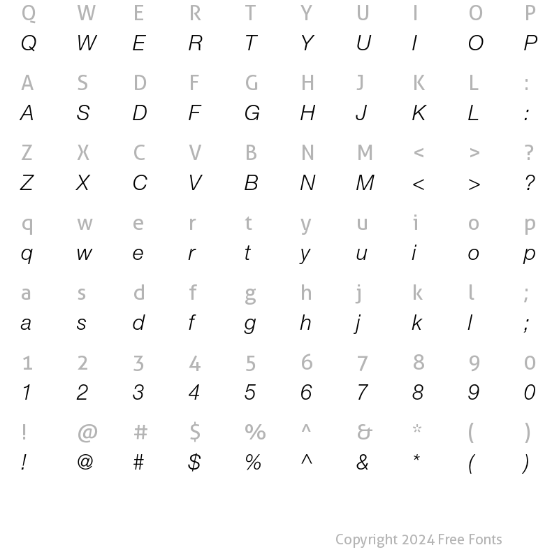 Character Map of Helvetica Neue LT Std 46 Light Italic