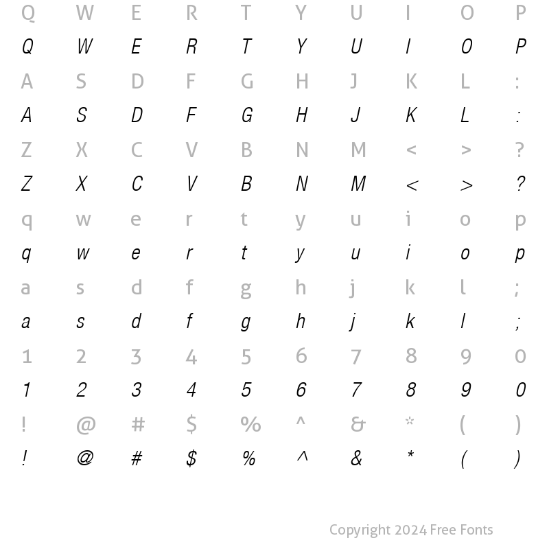 Character Map of HelveticaNeue LT 47 LightCn Oblique