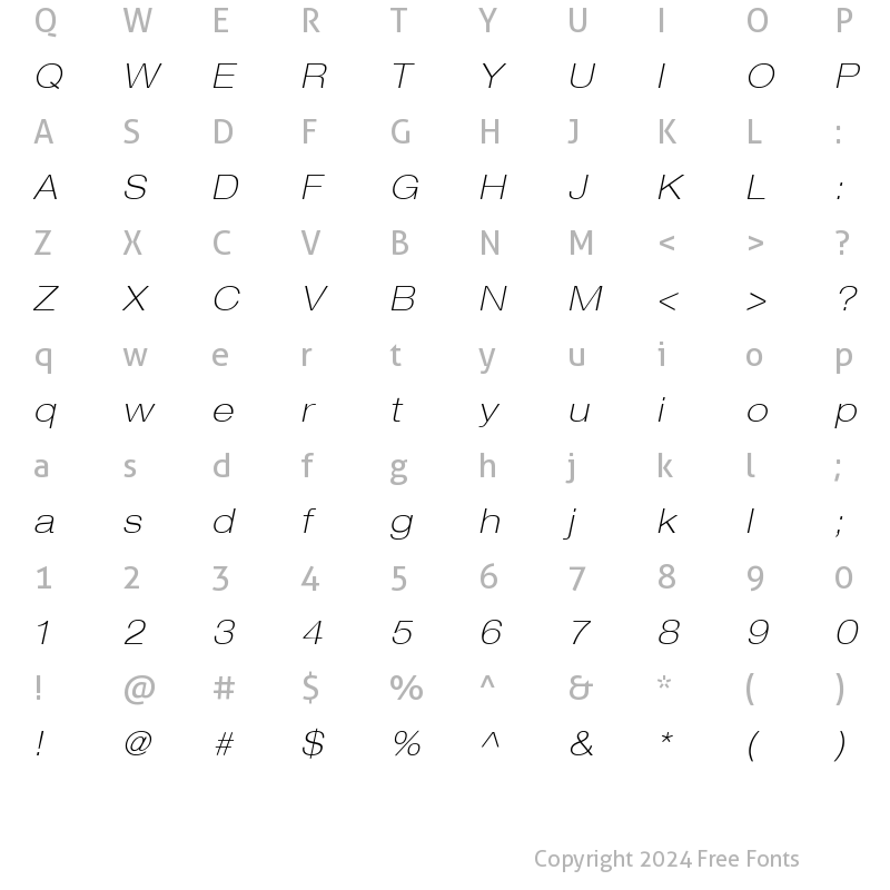 Character Map of HelveticaNeue ThinExt Italic
