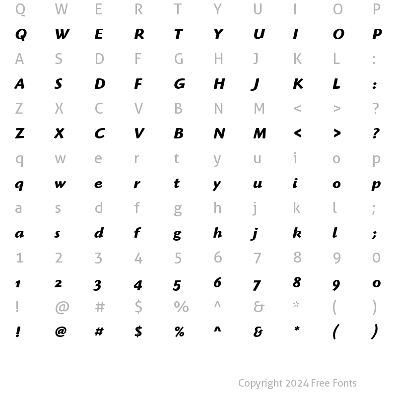 Character Map of Highlander OS ITC TT BoldItalic