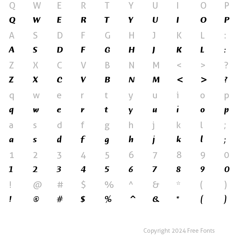 Character Map of Humana Sans ITC Light Bold Italic