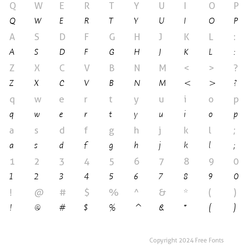 Character Map of Humana Sans ITC Light Italic