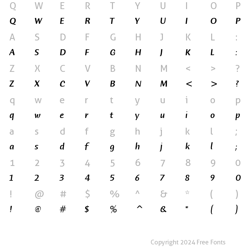 Character Map of Humana Sans ITC Medium Italic