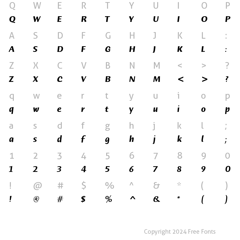 Character Map of Humana Sans ITC Std Bold Italic