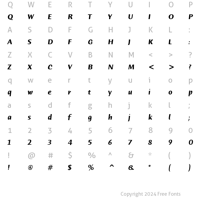 Character Map of Humana Sans ITC TT BoldItalic