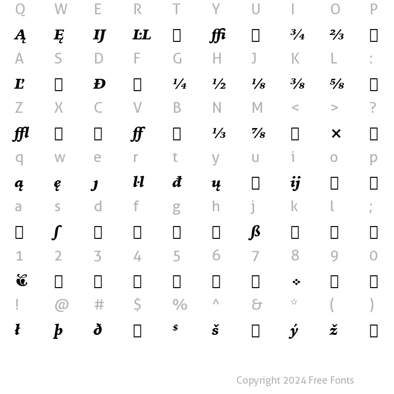 Character Map of IowanOldSt BlkExt BT Black Italic Extension