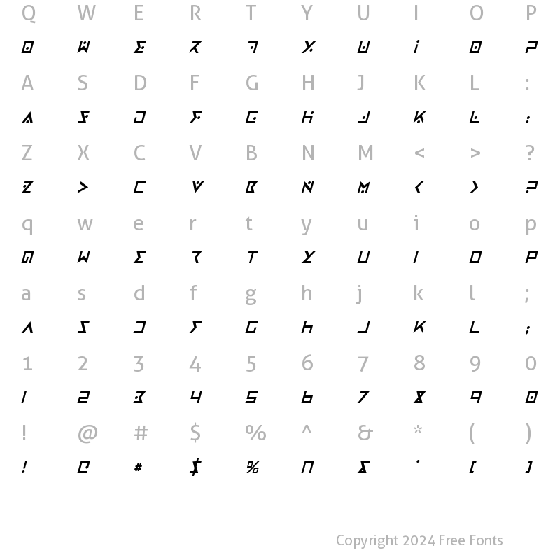 Character Map of Iron Cobra Condensed Italic Condensed Italic