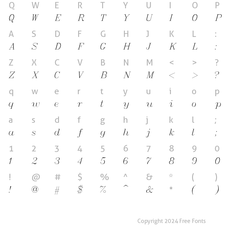 Character Map of Italic Regular