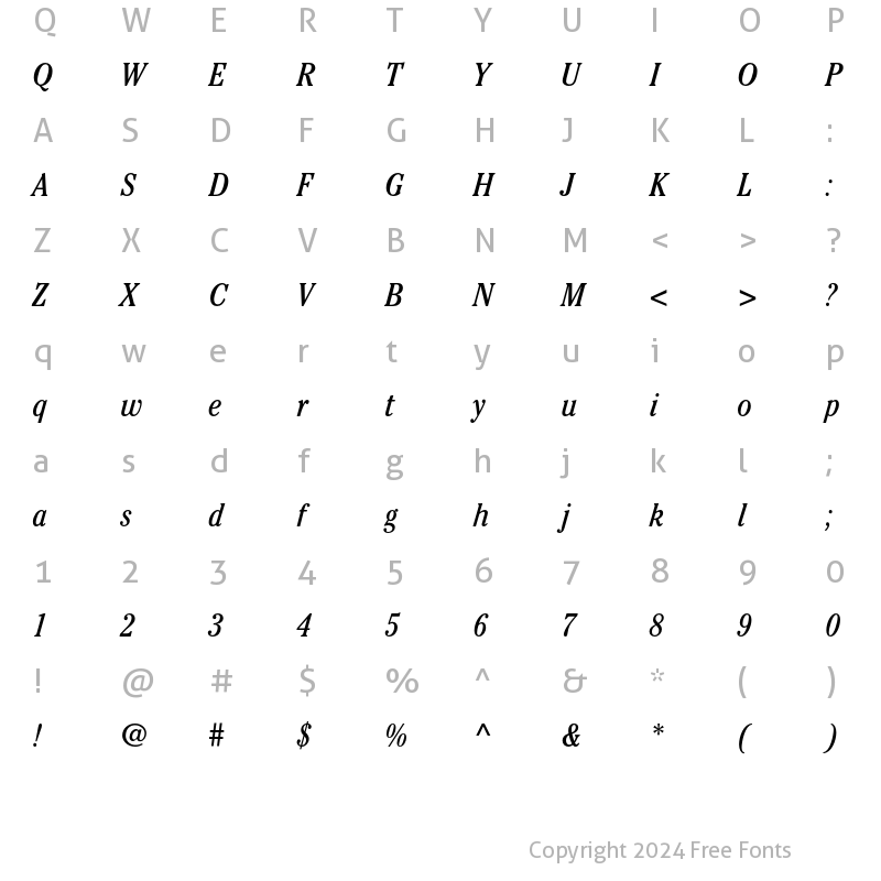 Character Map of ITC Cheltenham Book Condensed Italic