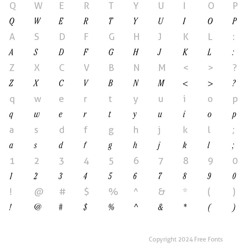 Character Map of ITC Cheltenham Light Condensed Italic