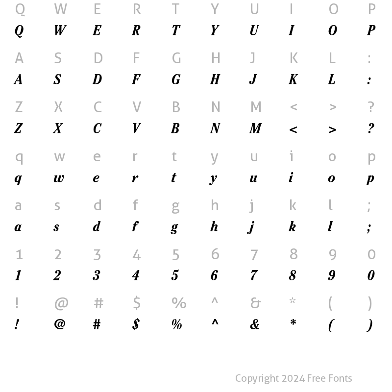 Character Map of ITC Cheltenham Std Bold Condensed Italic